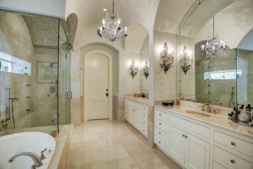 chandelier over sink in bathroom