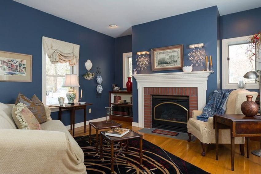 blue living room with fireplace